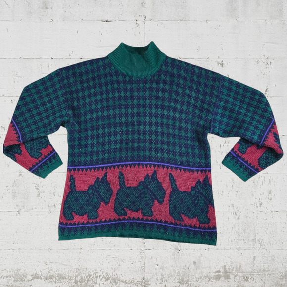 80s Vintage Green Navy Tartan Scottie Dogs Turtleneck Knit Sweater Size Medium - Picture 1 of 7
